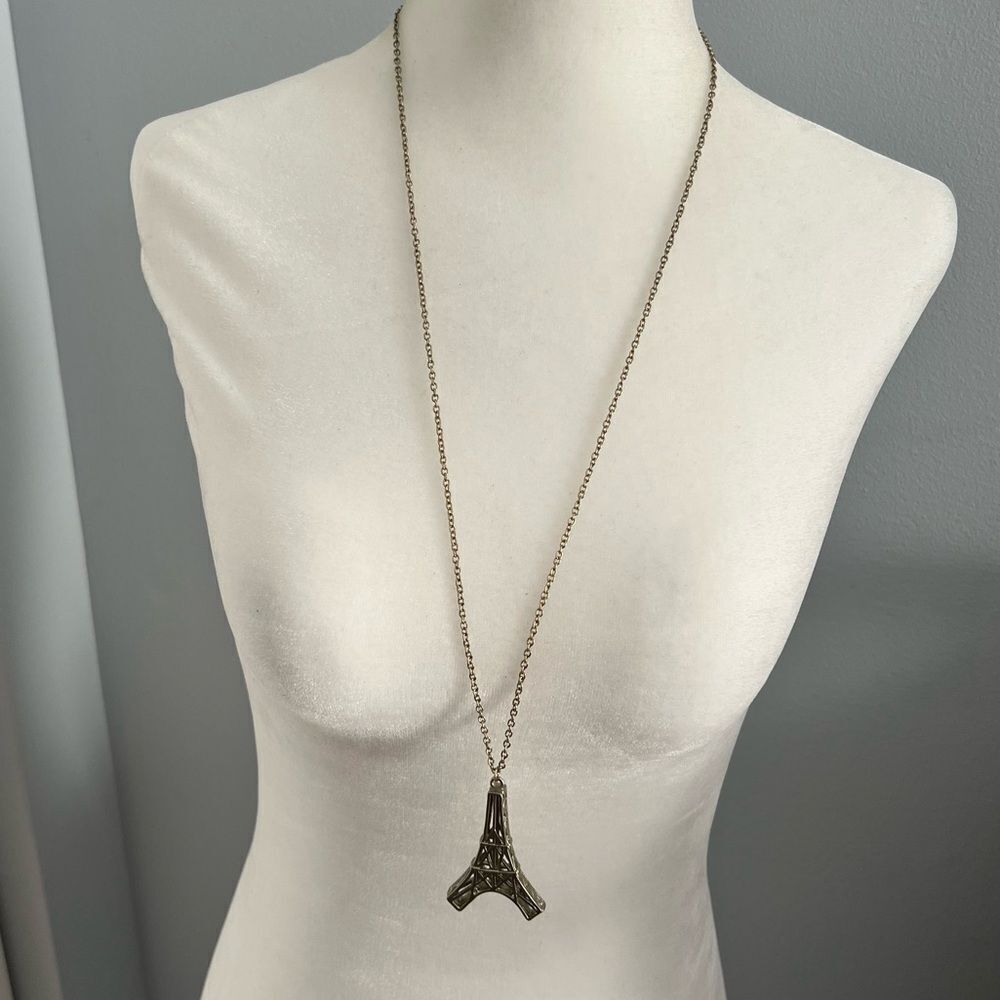 Silver tone Eiffel Tower Paris France French Inspired Pendant Long Necklace
